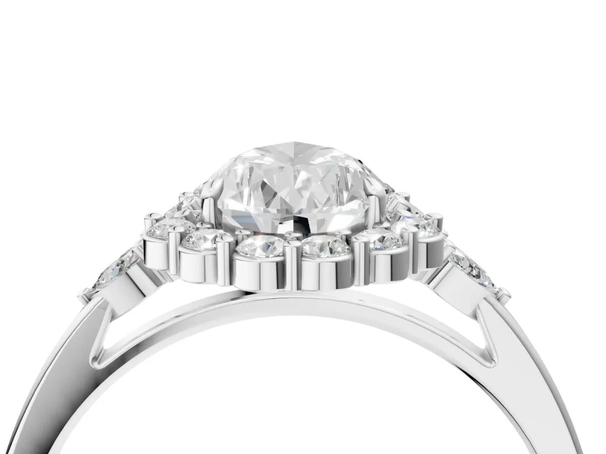 Pear Cut Diamond Halo Ring with Pear Side Stones and Prong Setting White gold