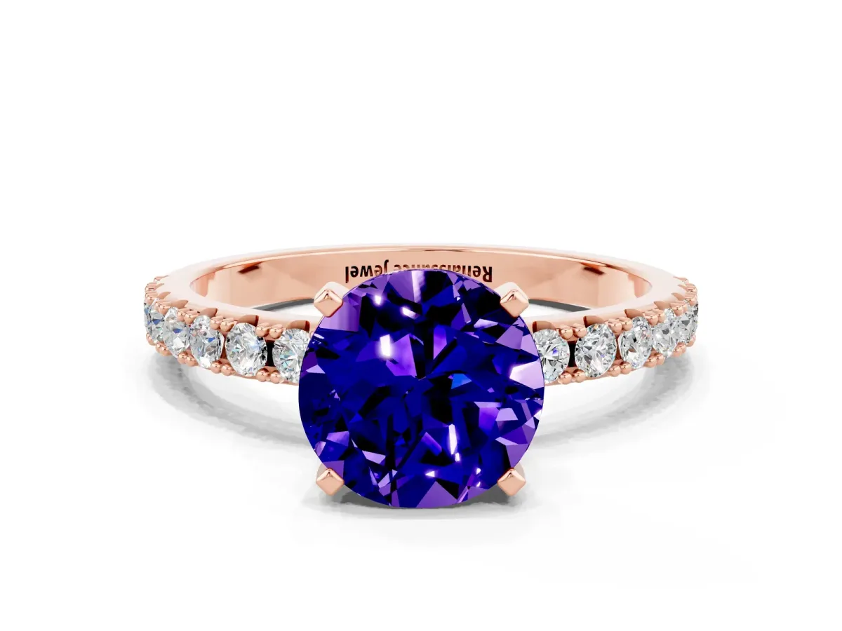 Round Cut Tanzanite Solitaire Pavé Band with Four-Prong Setting Rose gold