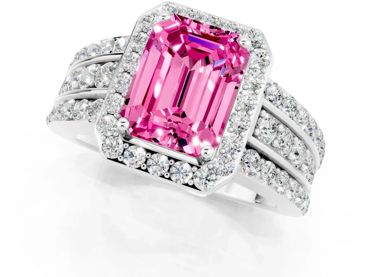 Emerald Cut Halo Pink Sapphire Ring with Round Split Shank and Prong Setting Platinum