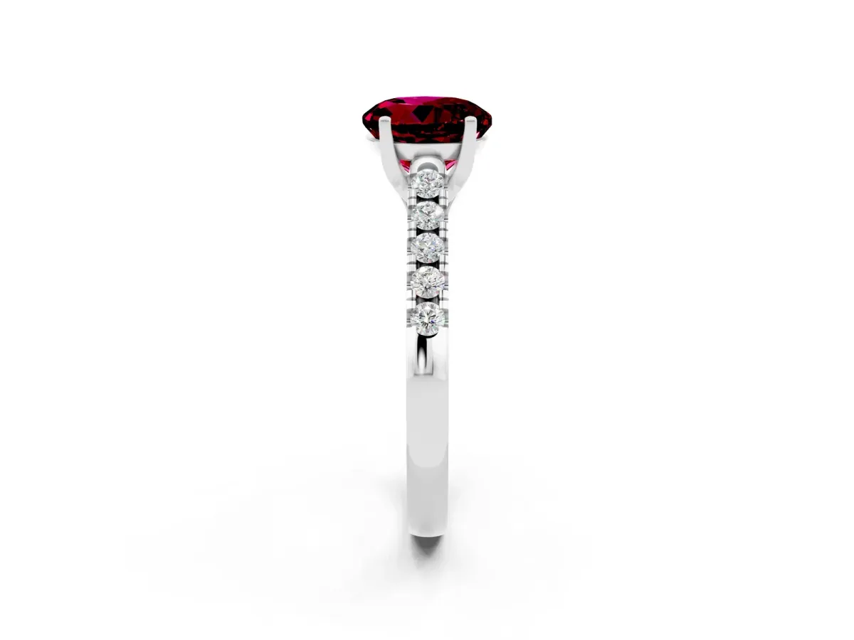 Round Cut Garnet Pavé Band Solitaire Ring with Prong Setting White gold