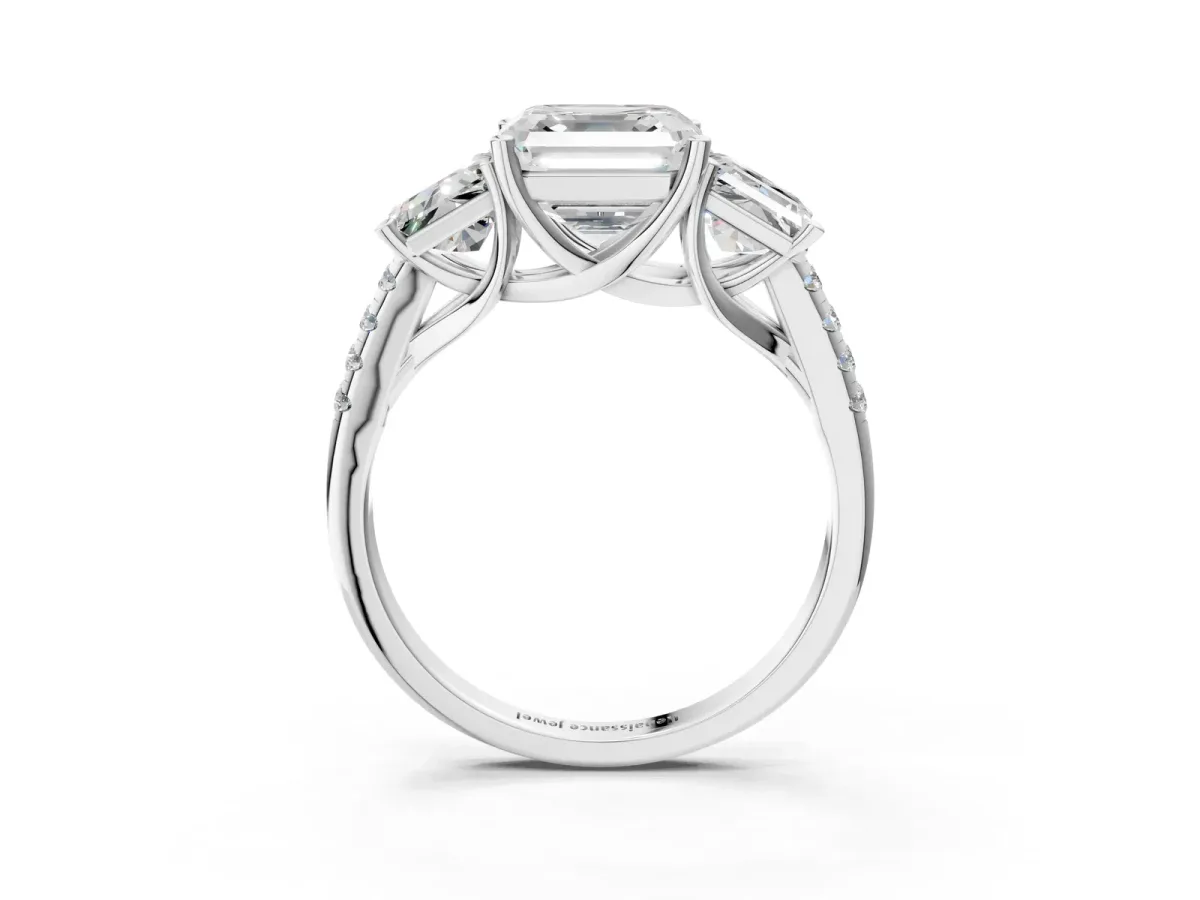Three-Stone Asscher Cut Diamond Ring with Round Moissanite Pavé Band and Prong Setting Silver