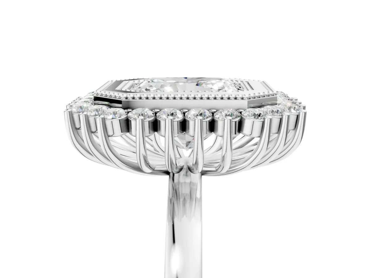 Radiant Cut Halo Diamond Ring with Milgrain Edge and Round Prong Setting Platinum