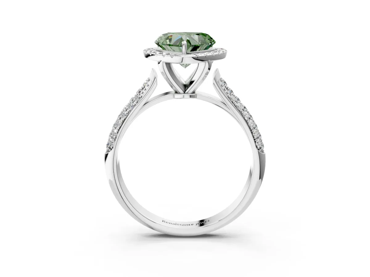 Fancy Green Heart Cut Cut Halo Pave Band Four-Prong Setting Ring Platinum