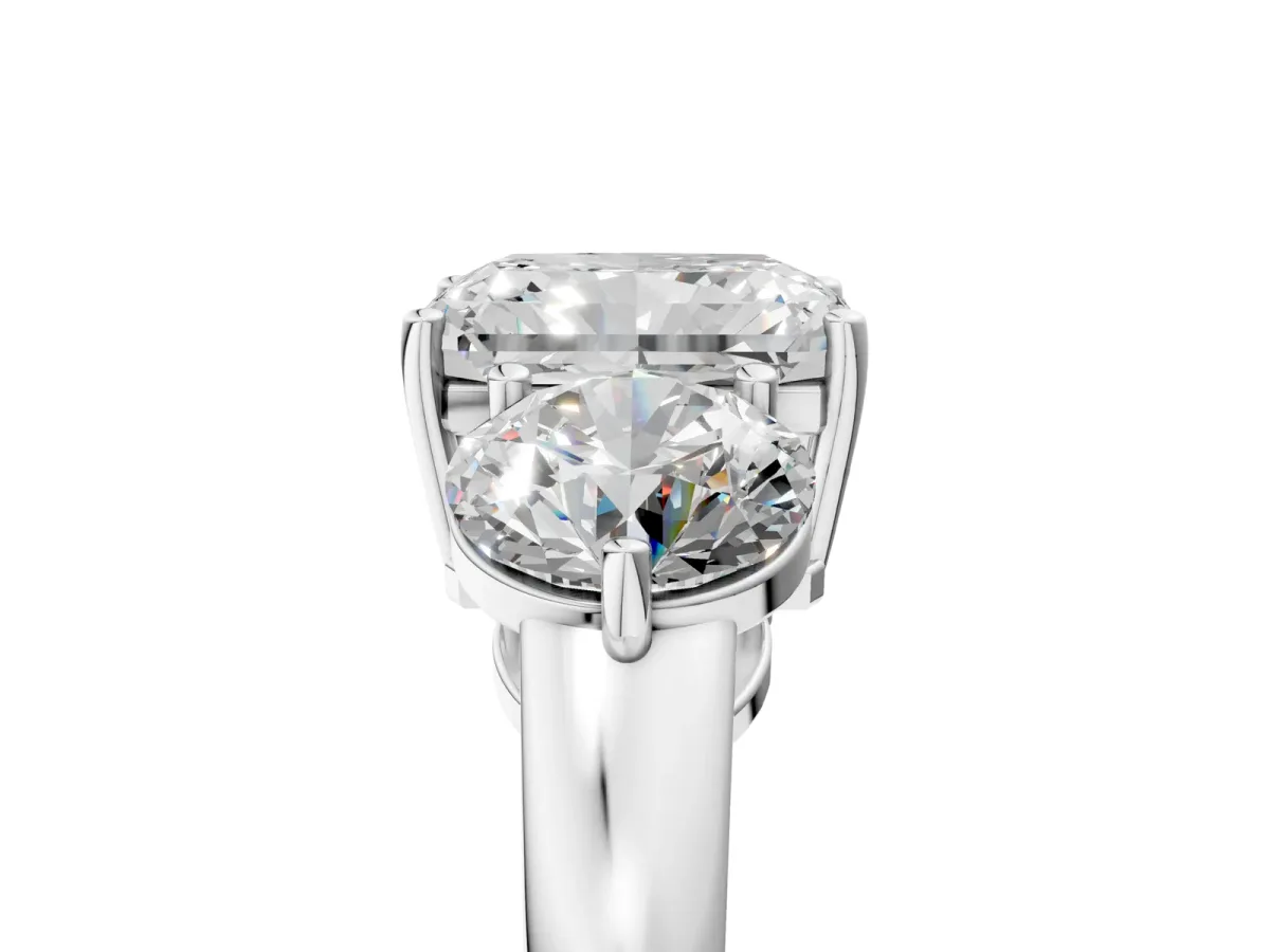 Radiant Cut Diamond Three-Stone Ring with Prong Setting and Classic Band Platinum