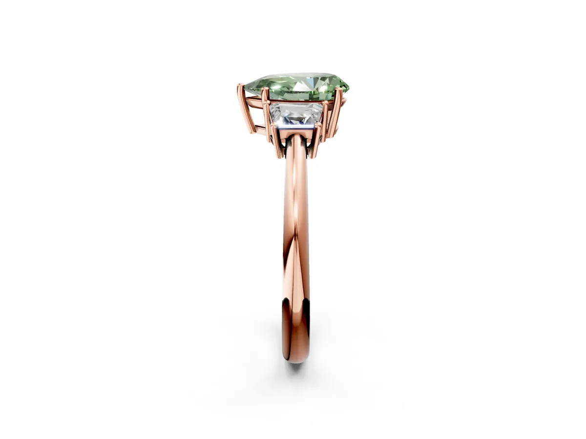 Fancy Green Pear Cut Diamond Three-Stone Ring with Trapezoid Side Stones and Prong Setting Rose gold