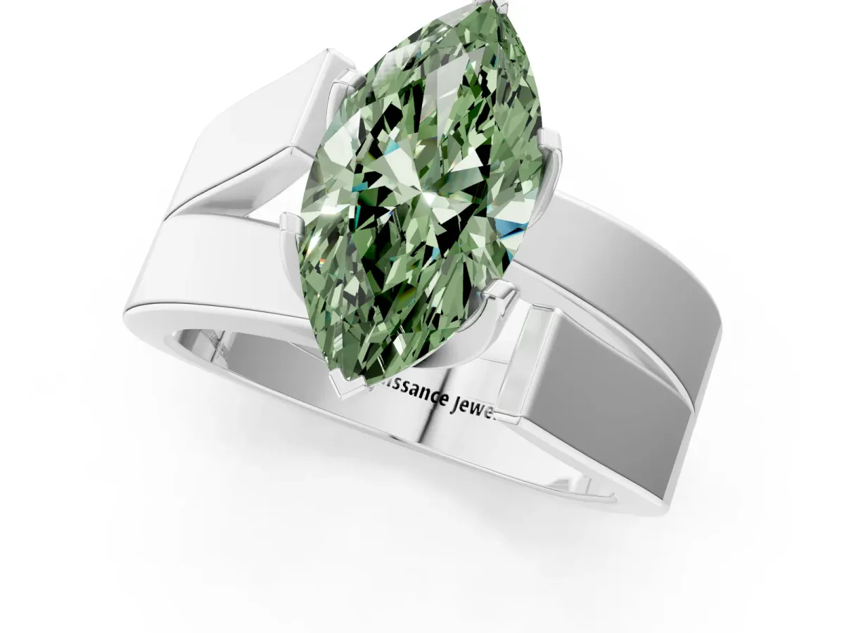 Fancy Green Modern Tension Set Marquise Cut Diamond Solitaire Wide Band Ring Silver