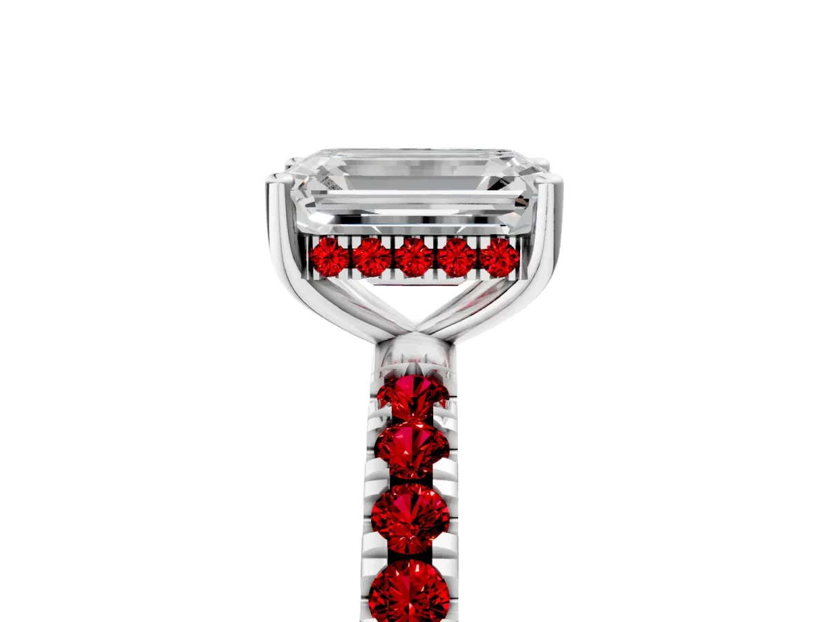 Emerald Cut Diamond Pave Band Solitaire Ring with Round Ruby and Prong Setting Platinum