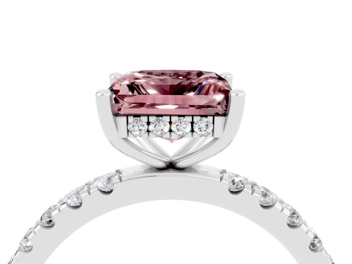 Princess Cut Morganite Pave Band Solitaire Ring with Round and Prong Setting Platinum