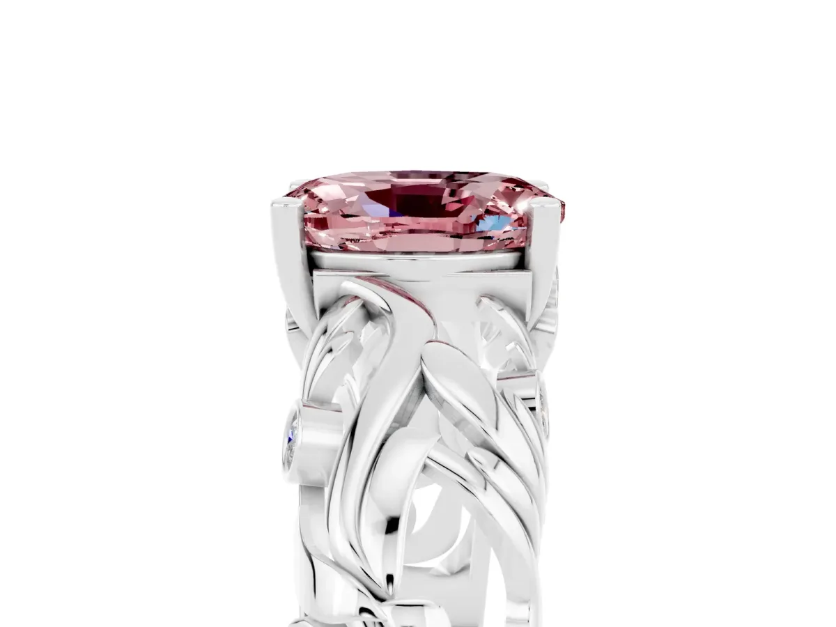 Oval Cut Solitaire Morganite Leaf-Inspired Vine Band Ring with Prong Setting White gold