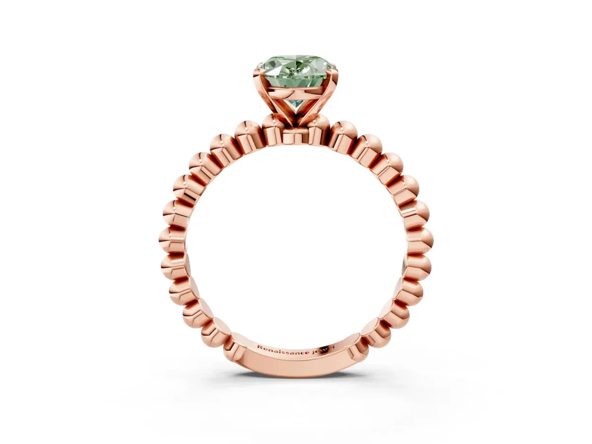 Fancy Green Oval Cut Diamond Solitaire Ring with Beaded Band and Prong Setting Rose gold