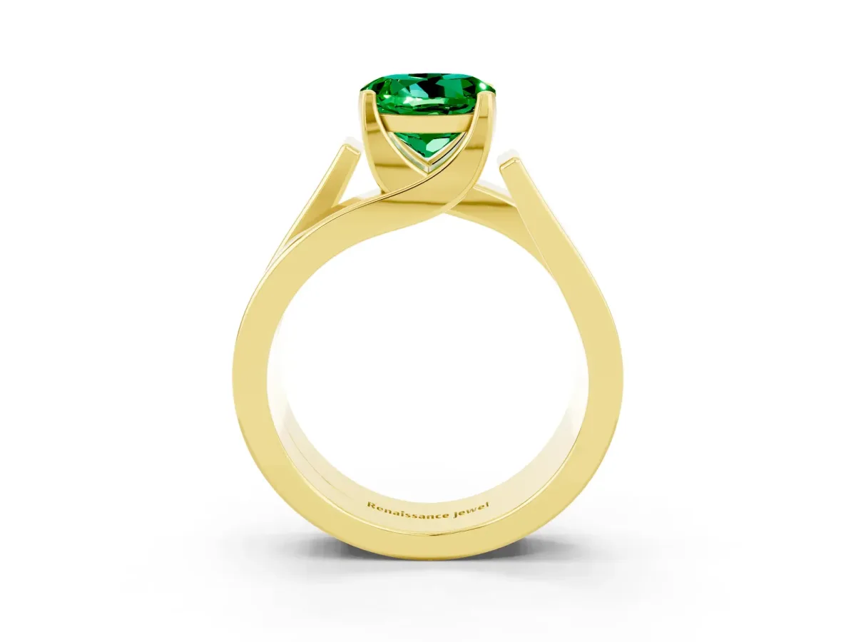 Modern Tension Set Round Cut Emerald Solitaire Wide Band Ring Yellow gold