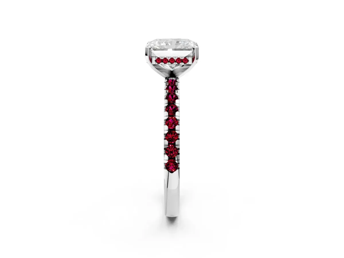 Radiant Cut Diamond Solitaire Ring with Round Garnet Pavé Band and Four-Prong Setting Silver