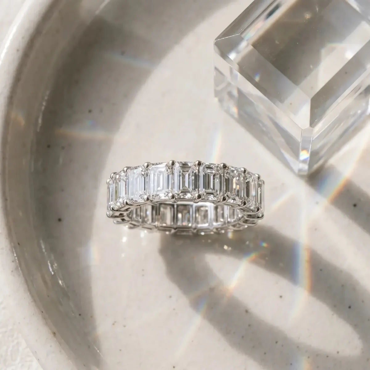 Emerald Cut Diamond Eternity Band with Shared Prong Setting White gold