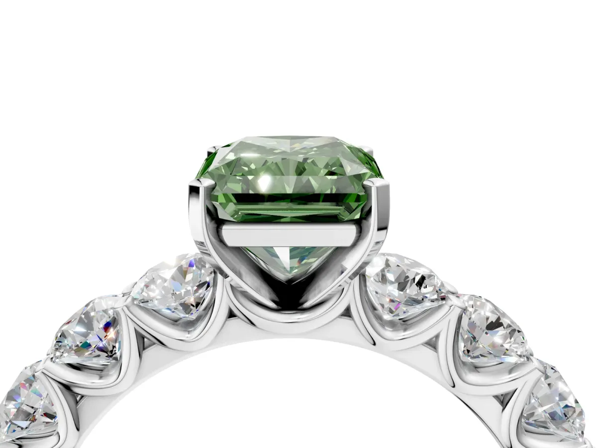 Fancy Green Radiant Cut Diamond Prong Setting with Side Stones on a Pave Band Silver