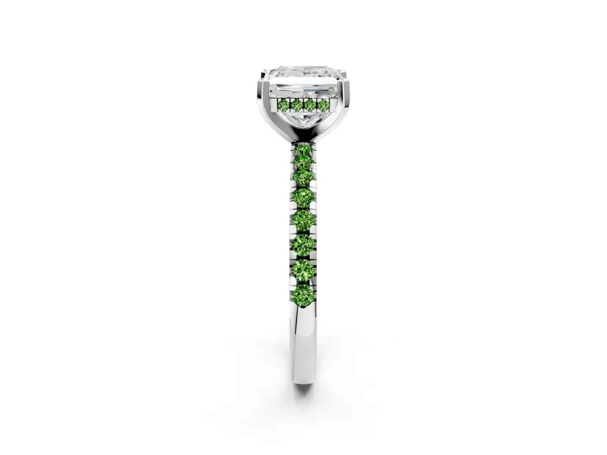 Princess Cut Diamond Solitaire Ring with Round Peridot Pavé Band and Four-Prong Setting Silver