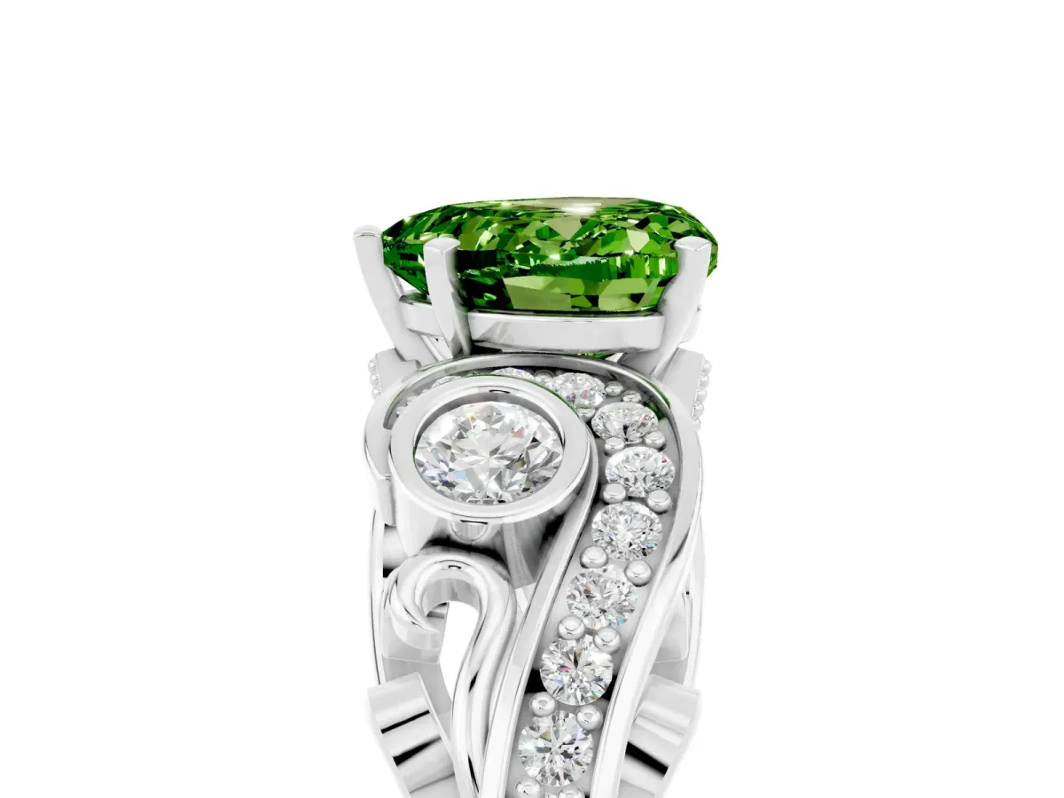Heart Cut Peridot Solitaire Ring with Milgrain Pavé Band and Four-Prong Setting Silver
