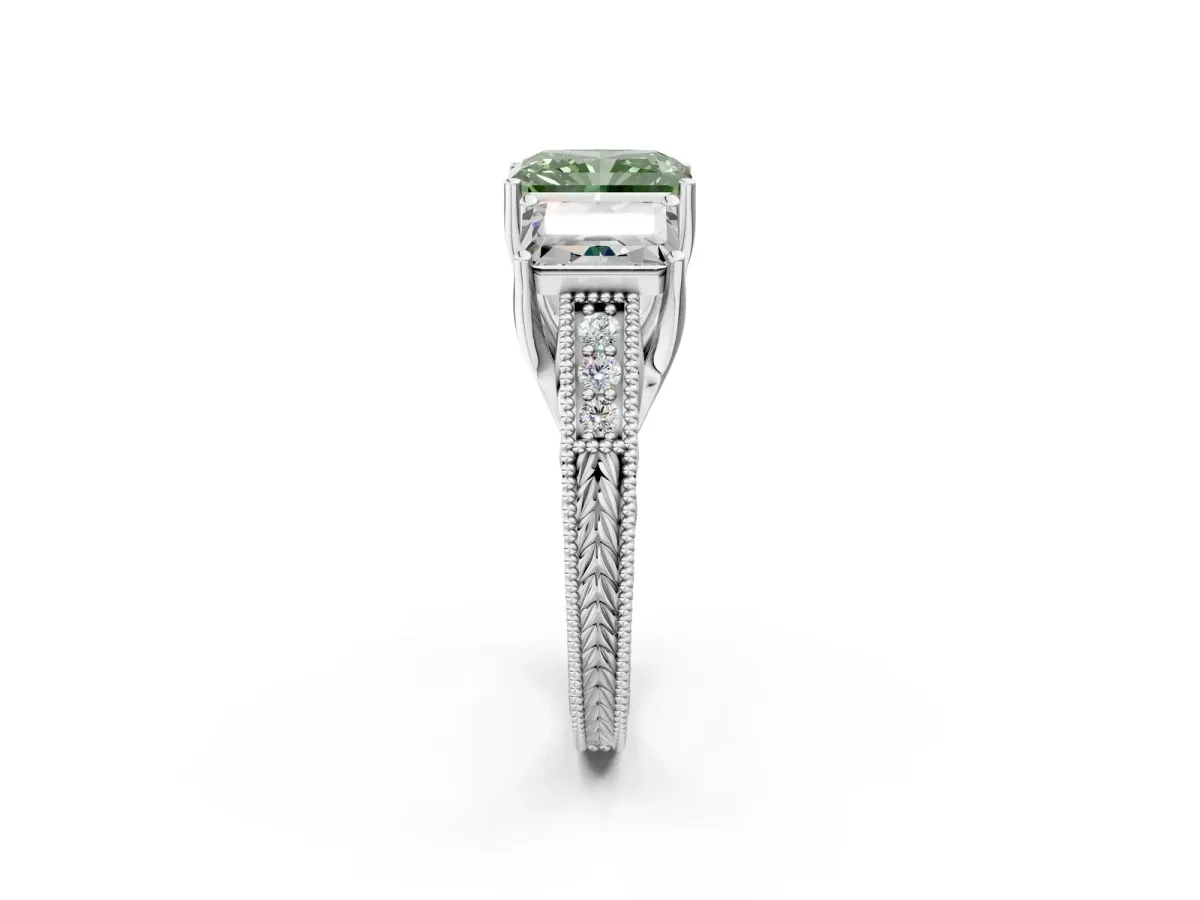 Fancy Green Three-Stone Radiant Cut Cut Milgrain Pavé Engagement Ring Platinum