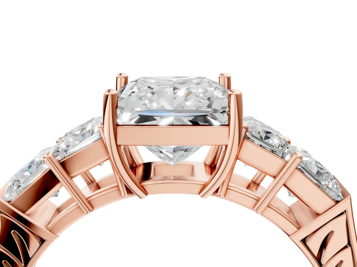 Princess Cut Solitaire Princess Side Stone Engraved Band Prong Setting Ring Rose gold