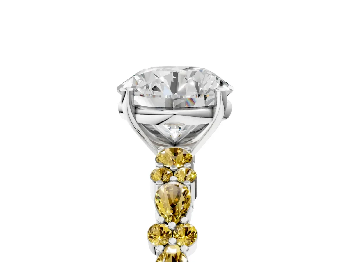 Round Cut Diamond Side Stone Solitaire Ring with Round Yellow Sapphire and Four-Prong Setting Silver