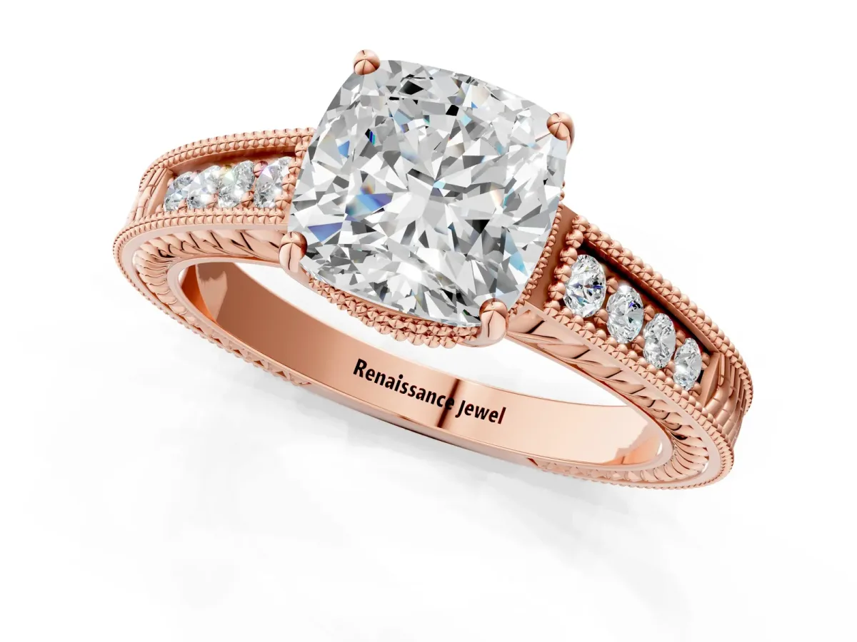 Cushion Cut Cut Diamond Milgrain Pave Band Four-Prong Setting Ring Rose gold