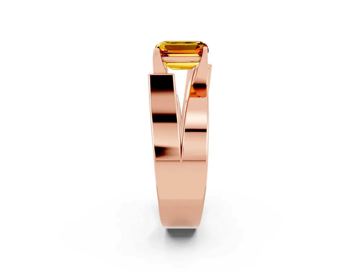 Modern Tension Set Emerald Cut Citrine Solitaire Wide Band Ring Rose gold