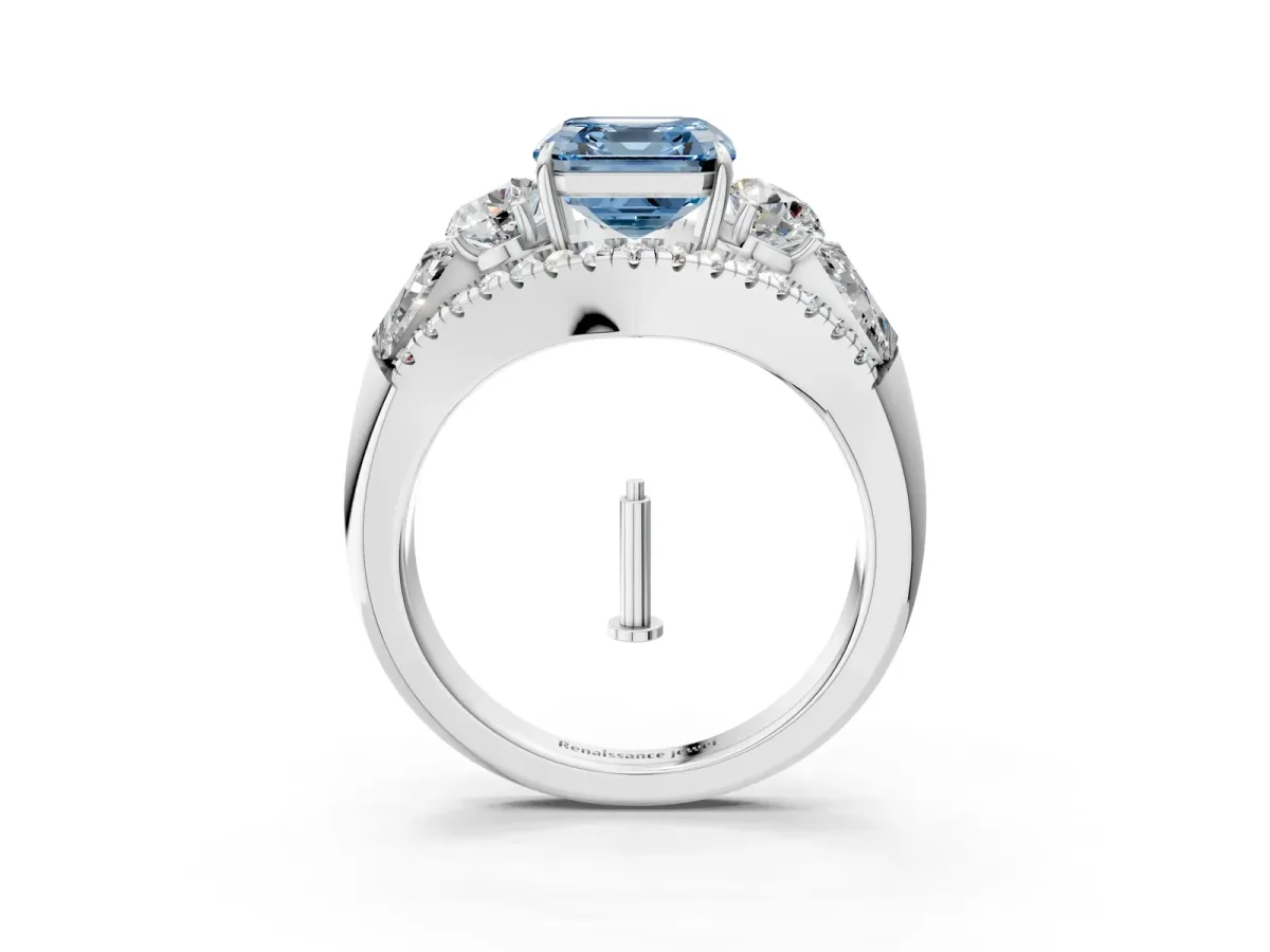 Fancy Blue Three-Stone Asscher Cut Diamond Engagement Ring with Pave Band and Prong Setting Platinum