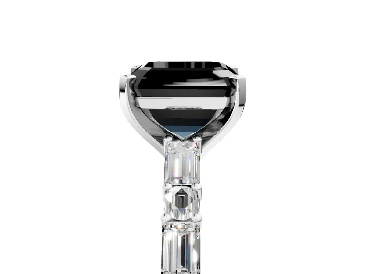 Fancy Black Asscher Cut Diamond Solitaire with Side Baguettes and Channel Set Band Silver