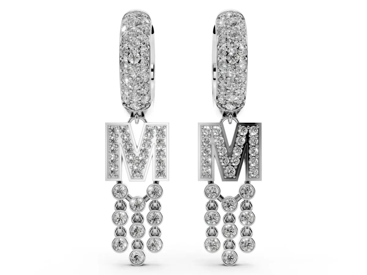 Round Diamond Initial M Huggie Hoop Earrings Platinum