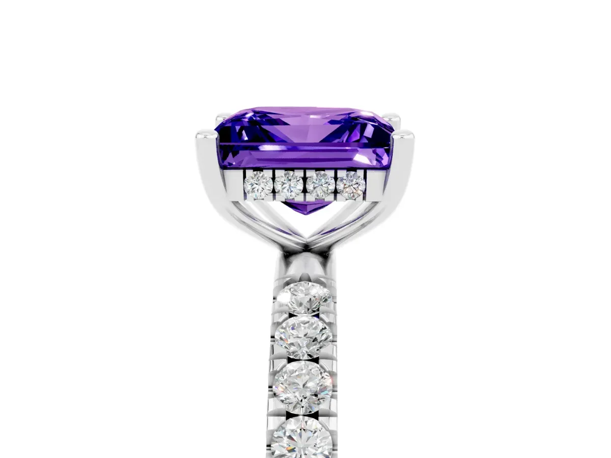 Princess Cut Tanzanite Pave Band Solitaire Ring with Round and Prong Setting Platinum