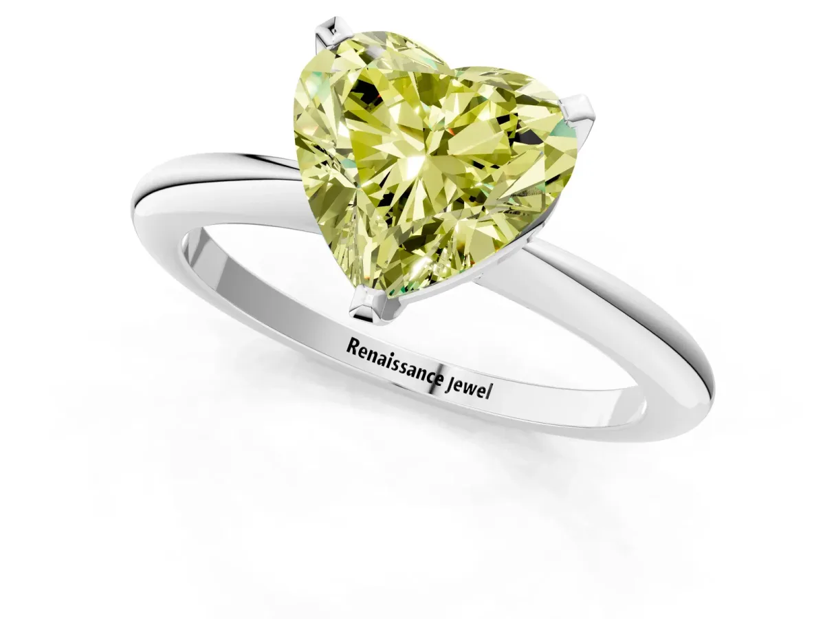 Fancy Yellow Heart Cut Diamond Solitaire Ring with Six-Prong Setting and Classic Band Silver