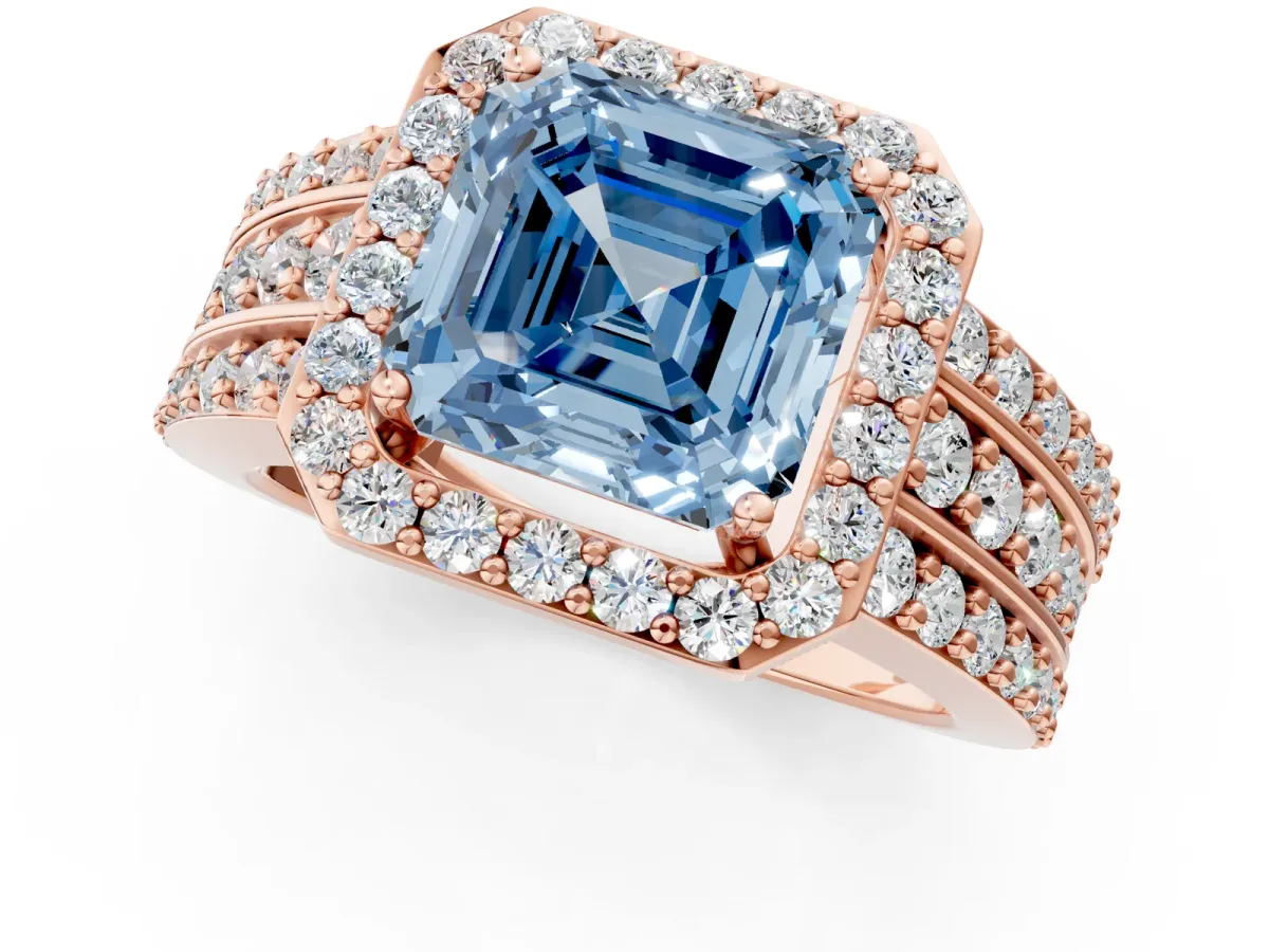 Fancy Blue Asscher Cut Halo Diamond Ring with Round Split Shank and Prong Setting Rose gold