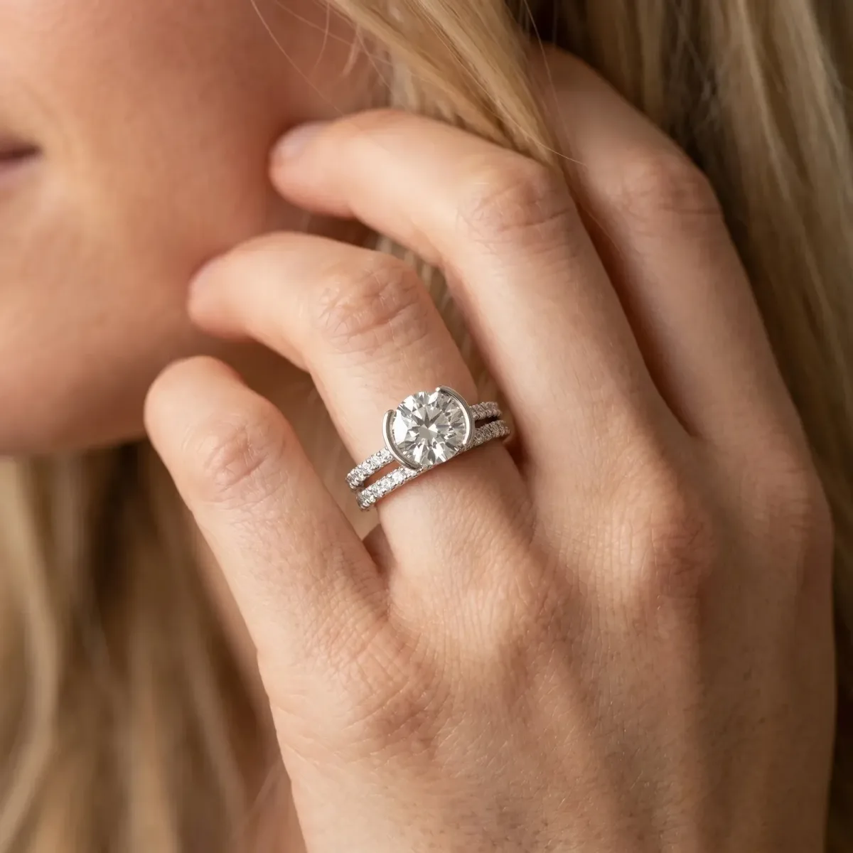 Round Cut Cut Diamond Pave Band Tension Setting Engagement Ring Silver