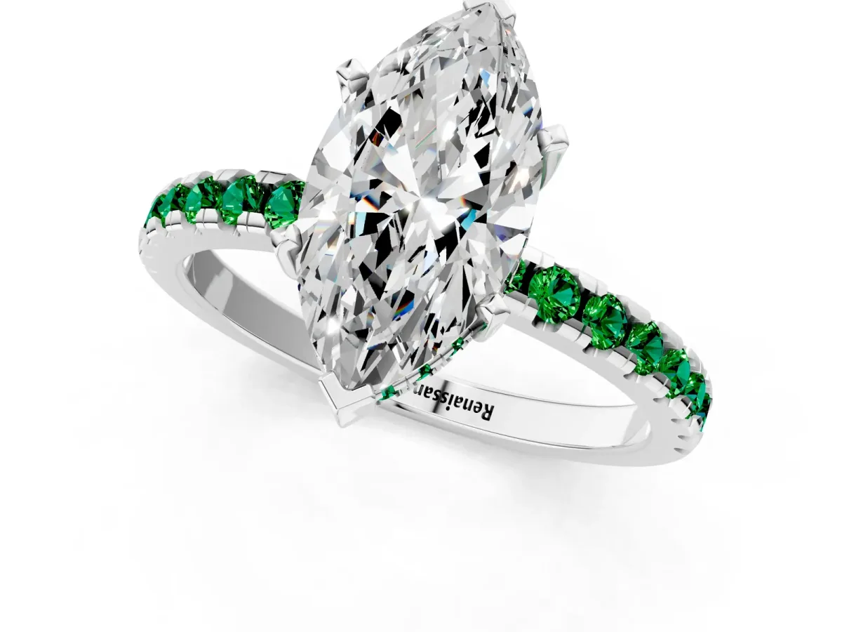 Marquise Cut Diamond Solitaire Ring with Round Emerald Pavé Band and Four-Prong Setting Silver