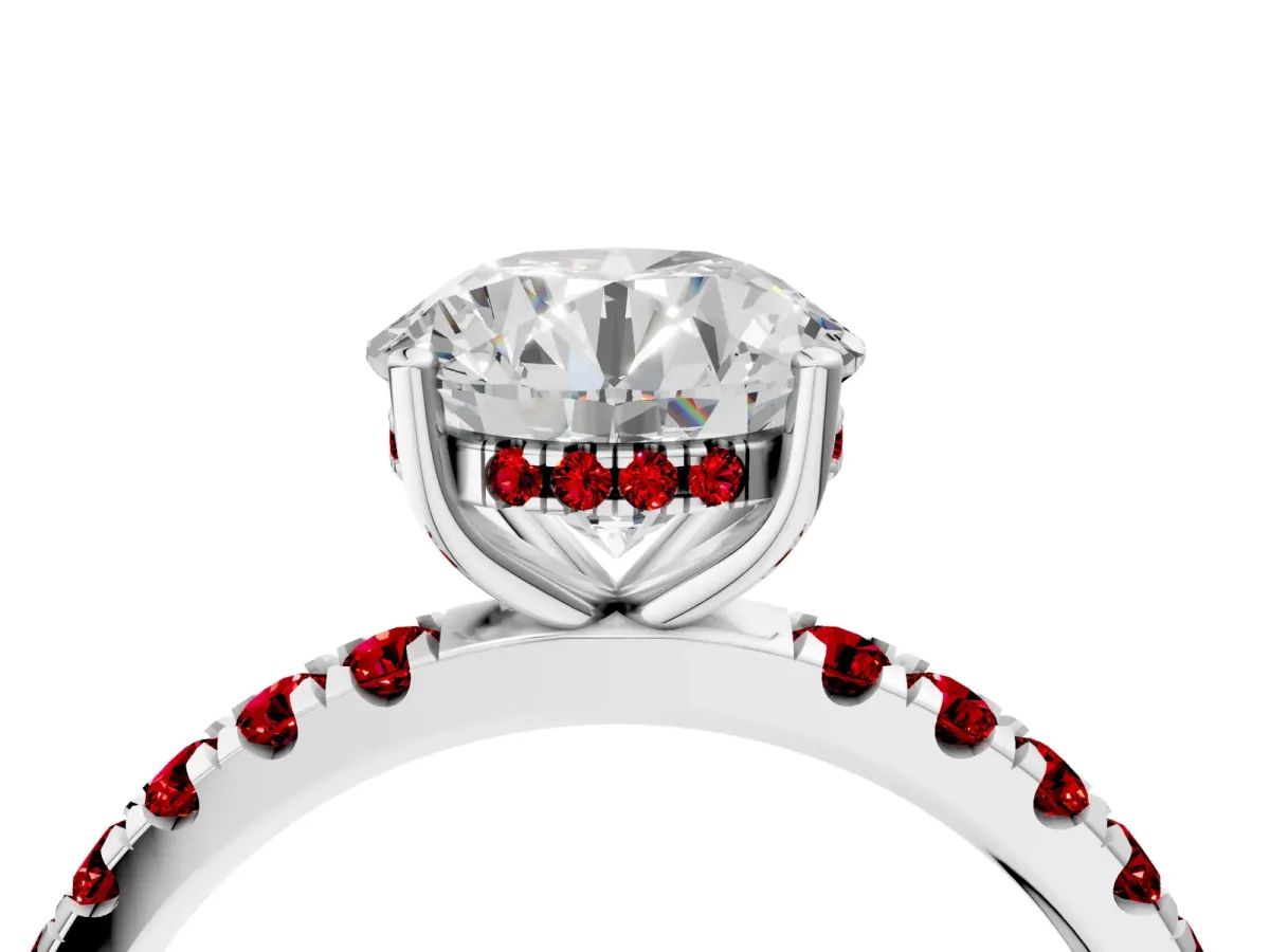 Round Cut Diamond Pave Band Solitaire Ring with Round Tanzanite and Prong Setting Platinum