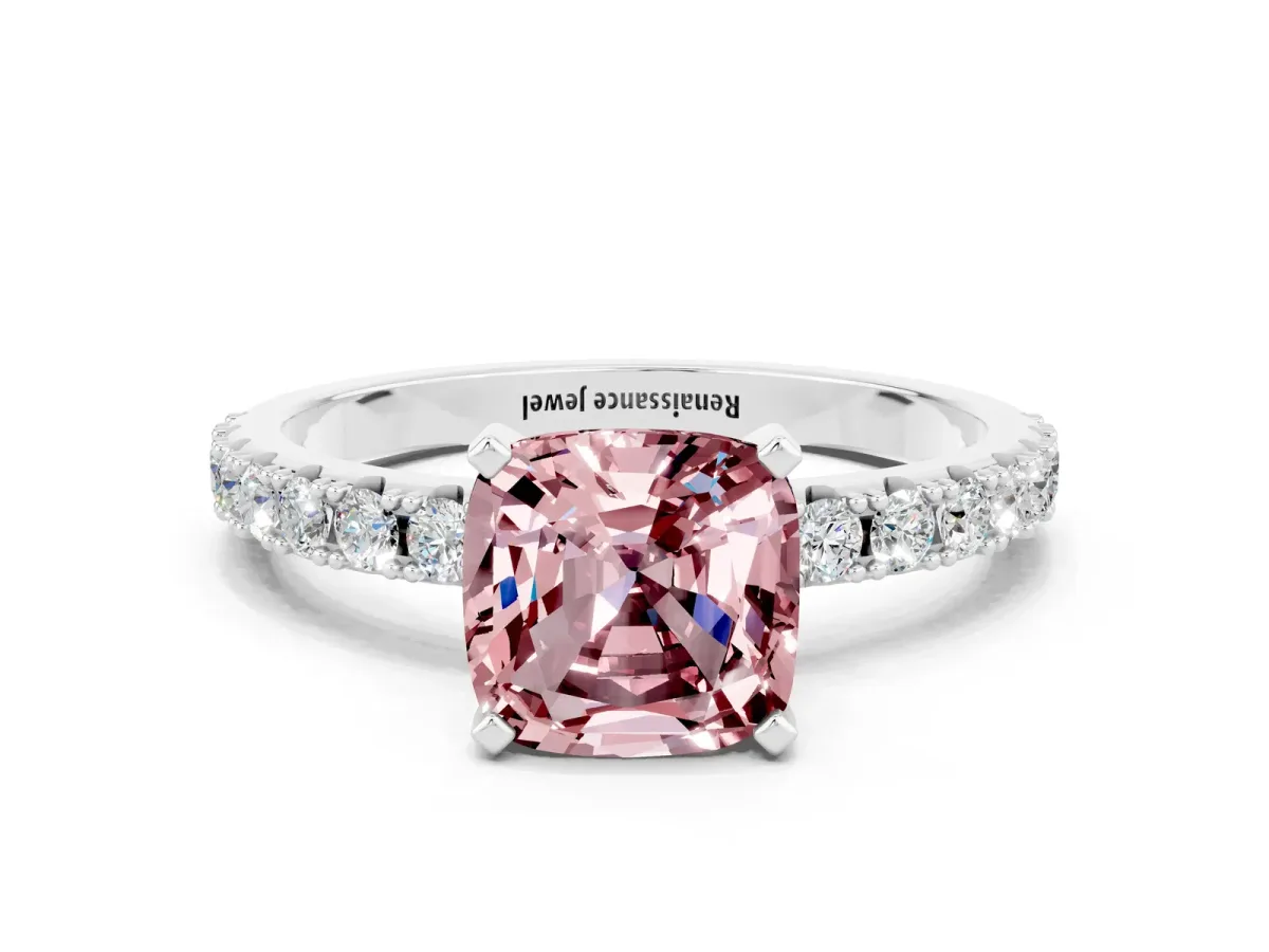 Cushion Cut Morganite Solitaire Pavé Band with Four-Prong Setting Silver