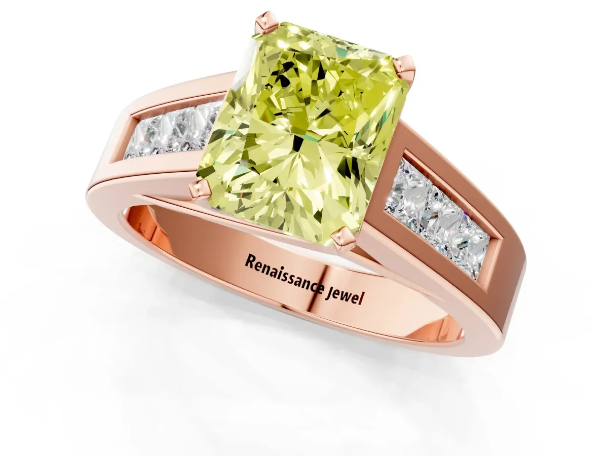 Fancy Yellow Radiant Cut Cut Channel Set Solitaire Ring with Four-Prong Setting Rose gold