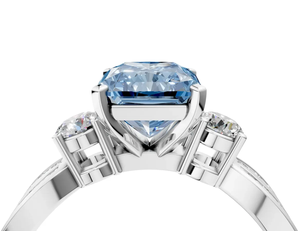 Fancy Blue Three-Stone Radiant Cut Cut Diamond Twist Band with Prong Setting Platinum