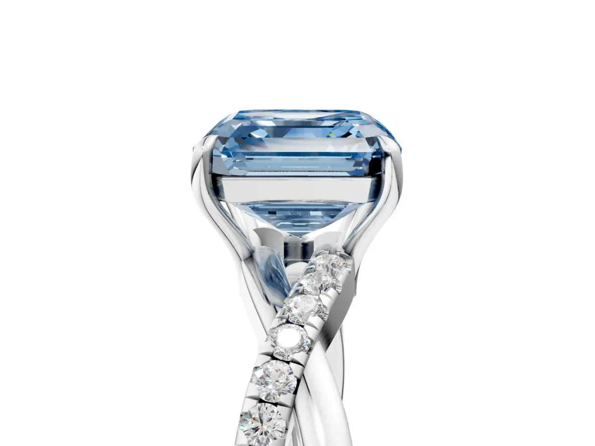 Fancy Blue Asscher Cut Cut Diamond Twisted Band with Pavé Setting and Four-Prong Setting Platinum