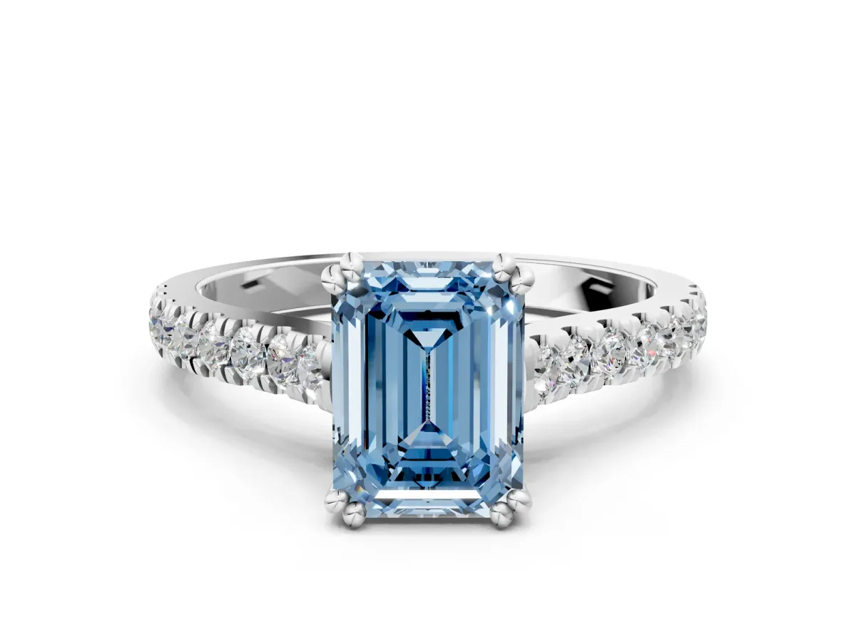 Fancy Blue Emerald Cut Solitaire Pave Diamond Engagement Ring with Prong Setting White gold