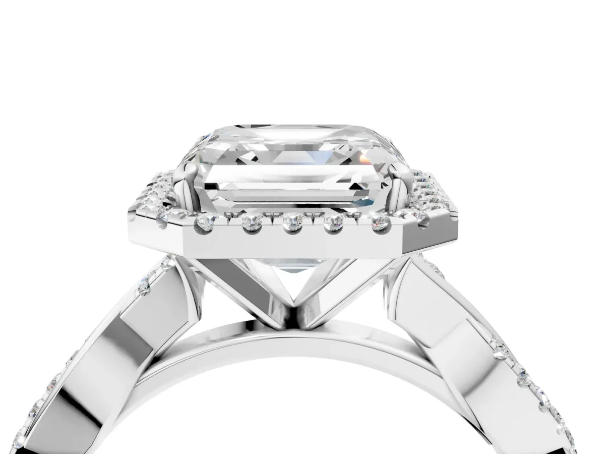 Asscher Cut Cut Halo Twisted Band Four-Prong Ring Platinum