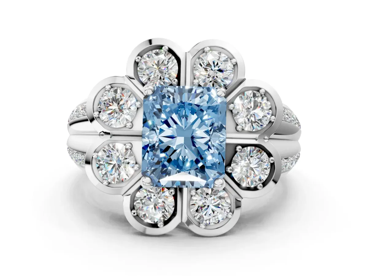 Fancy Blue Radiant Cut Brilliant Flower Halo Diamond Split Shank Ring Platinum