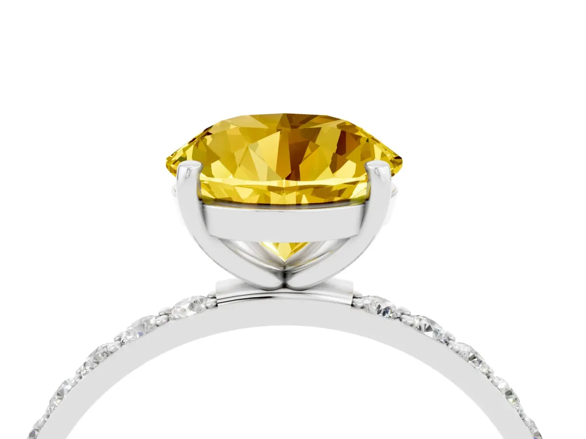Round Cut Yellow Sapphire Solitaire Ring with Round Pavé Band and Prong Setting Silver