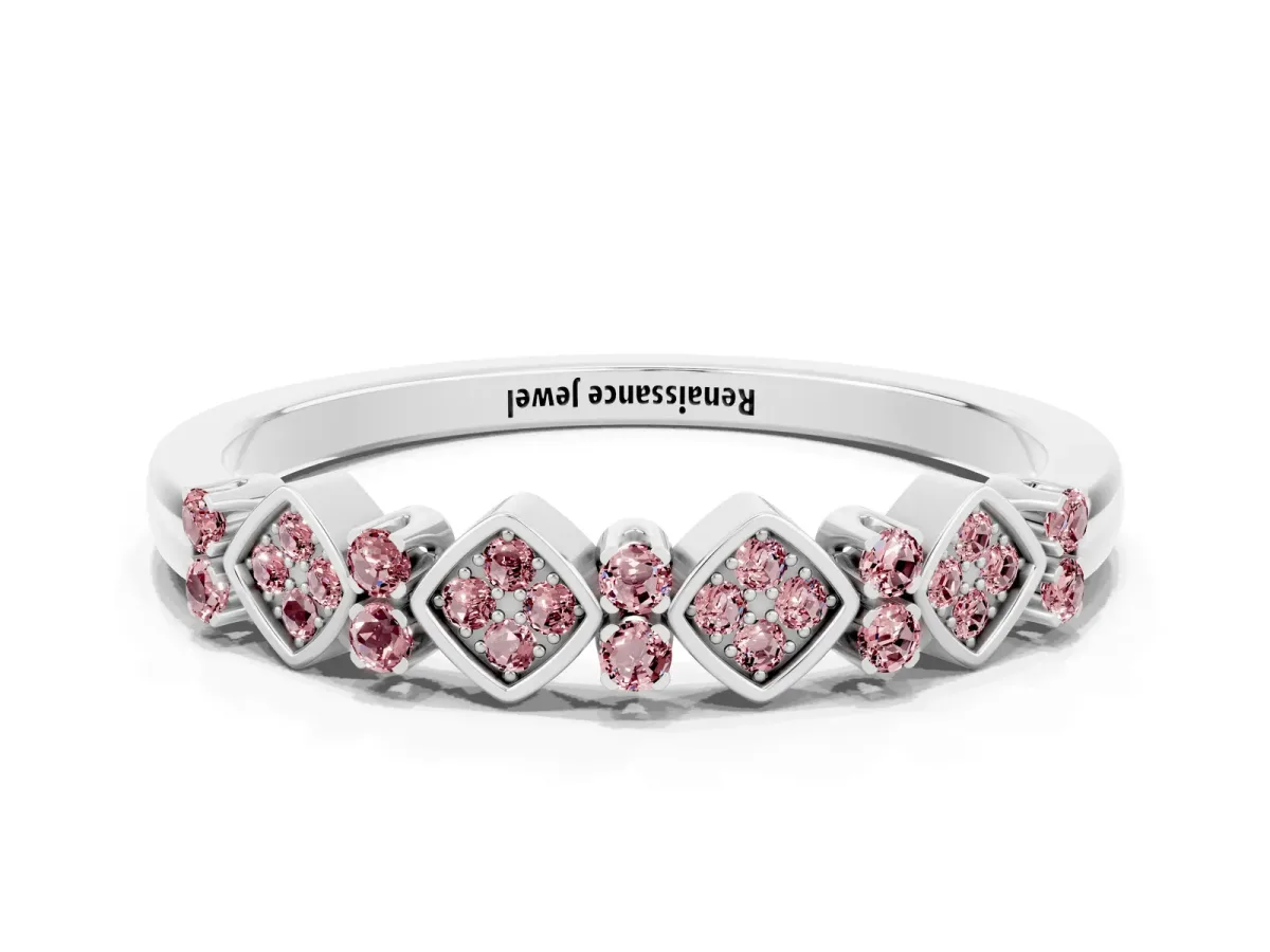 Pavé Cushion Morganite Cluster Eternity Band with Prong Setting Platinum