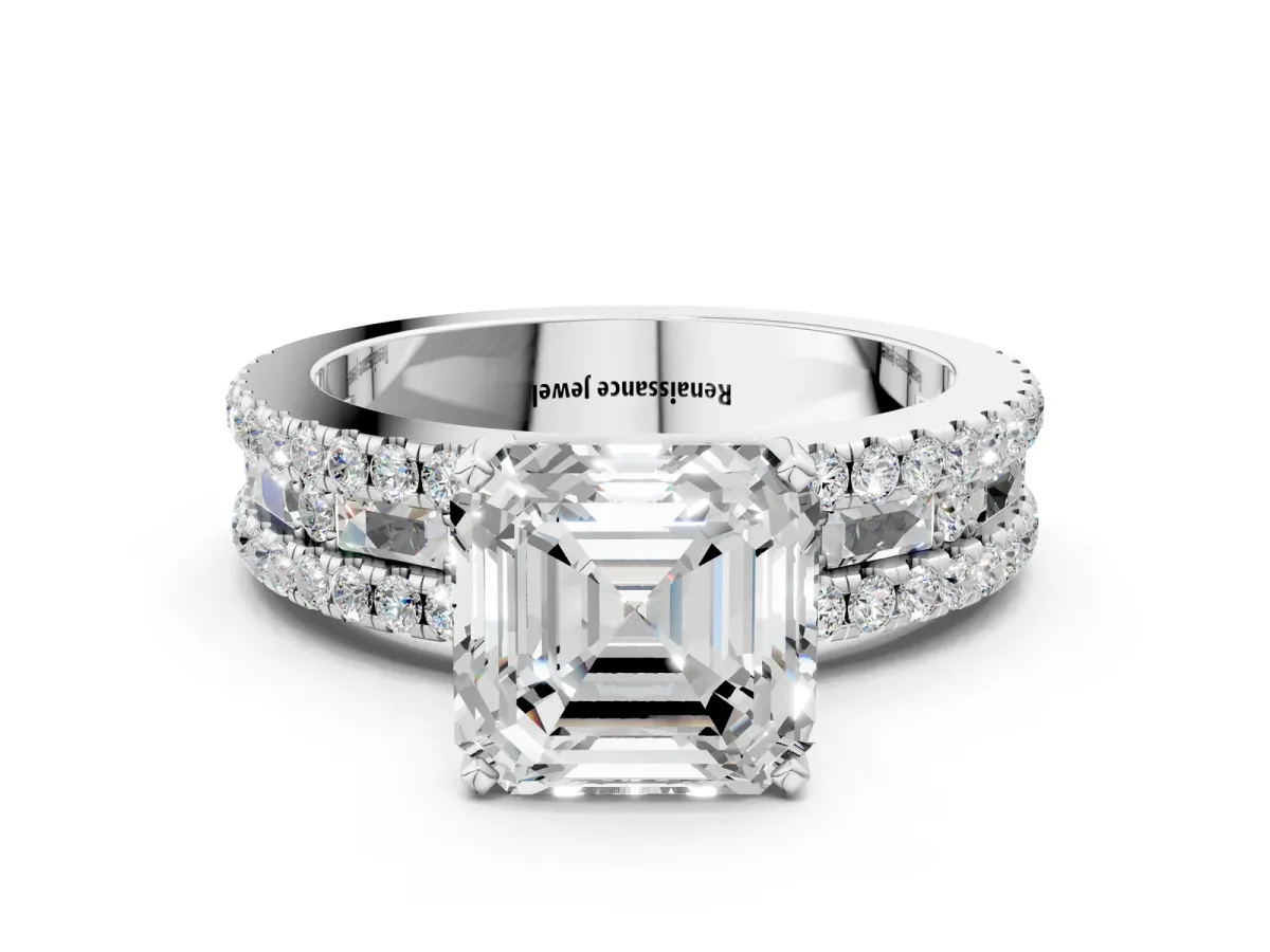 Asscher Cut Diamond Solitaire Ring with Pavé and Channel Set Band Platinum