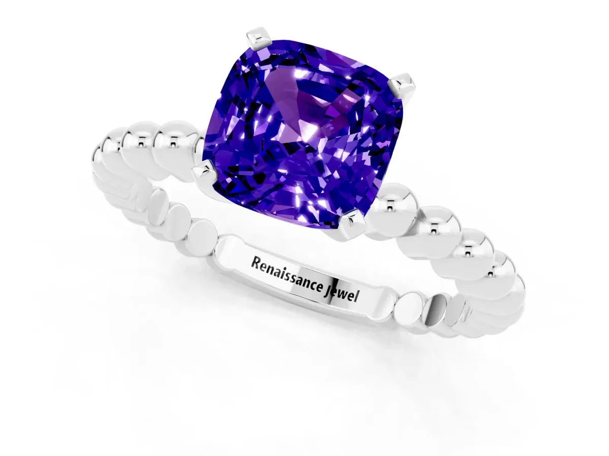 Cushion Cut Tanzanite Solitaire Ring with Beaded Band and Prong Setting Platinum