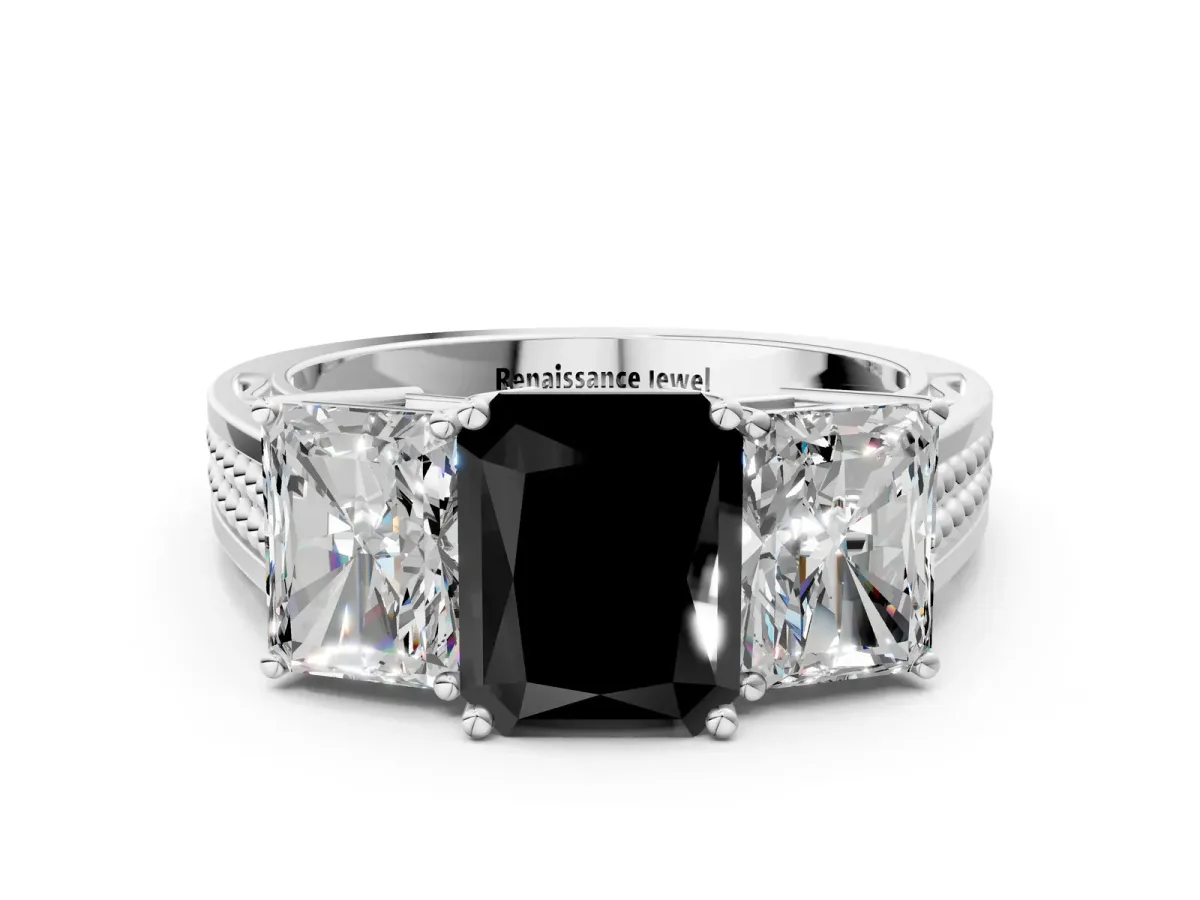 Fancy Black Radiant Cut Diamond Three-Stone Ring with Prong Setting and Textured Band Platinum