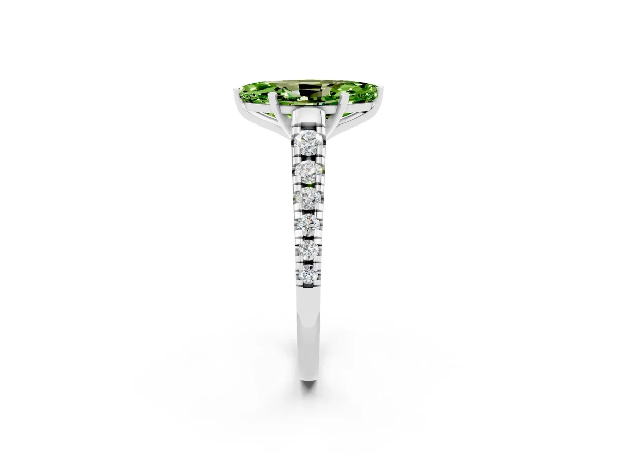 Marquise Cut Peridot Cathedral Solitaire Ring with Round Pavé Band Silver