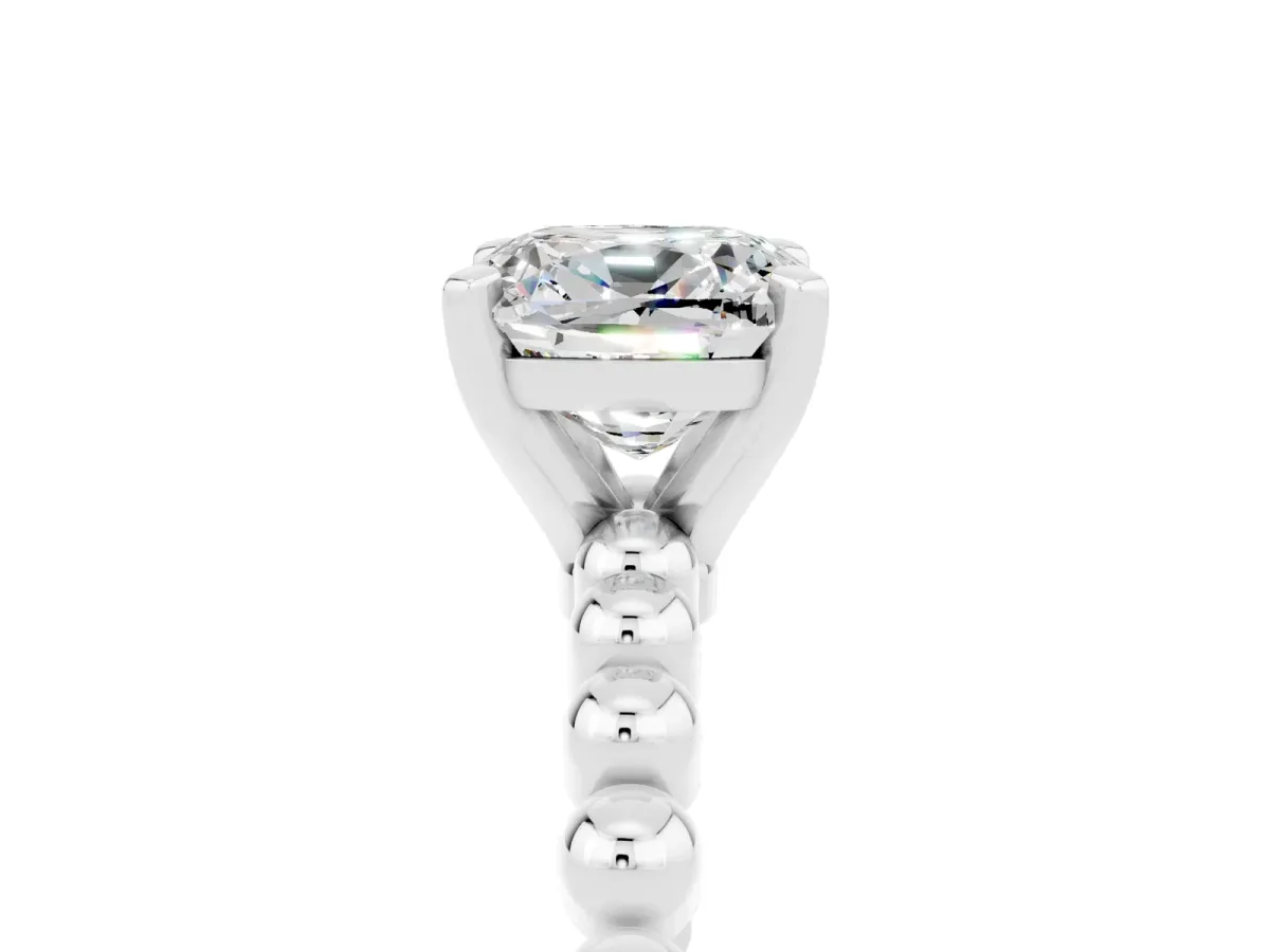 Cushion Cut Moissanite Solitaire Ring with Beaded Band and Prong Setting Platinum