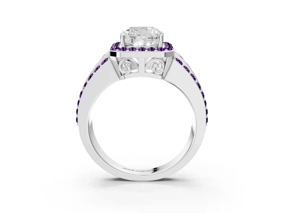 Cushion Cut Halo Diamond Ring with Round Amethyst Split Shank and Prong Setting Platinum