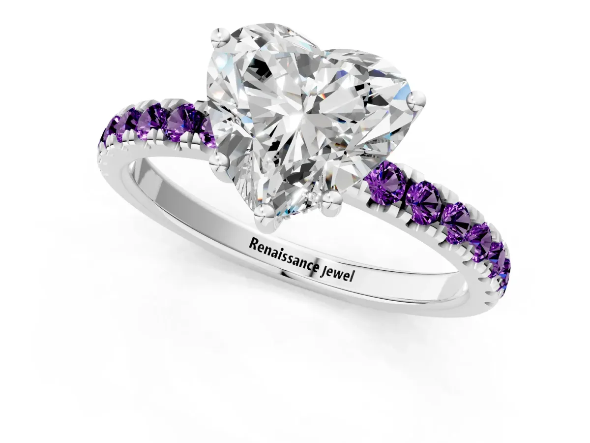 Heart Cut Diamond Pave Band Solitaire Ring with Round Amethyst and Prong Setting Platinum